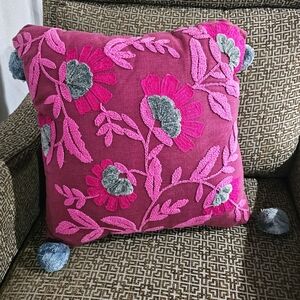 Maroon Pillow With Tassels. Floral Embroidered Gray&Maroon, Throw Pillow